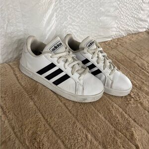 Adidas White Sneakers with Black Stripes